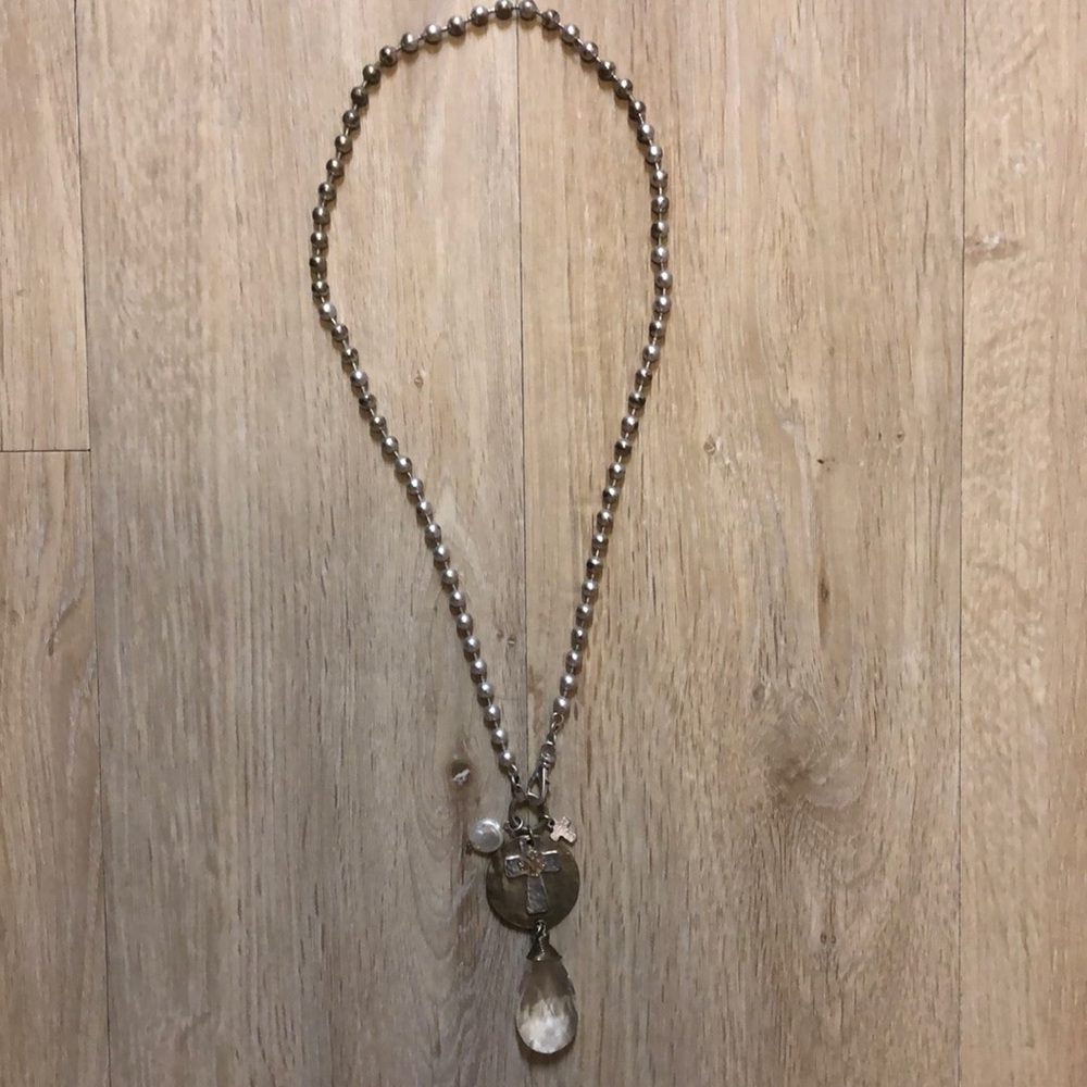 Pearl and gem cross necklace